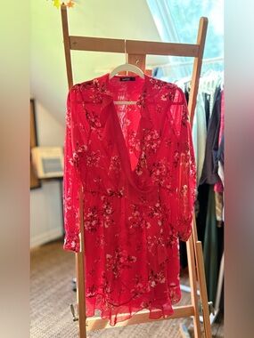 Boohoo red floral wrap dress with long sleeves and frill details | size L